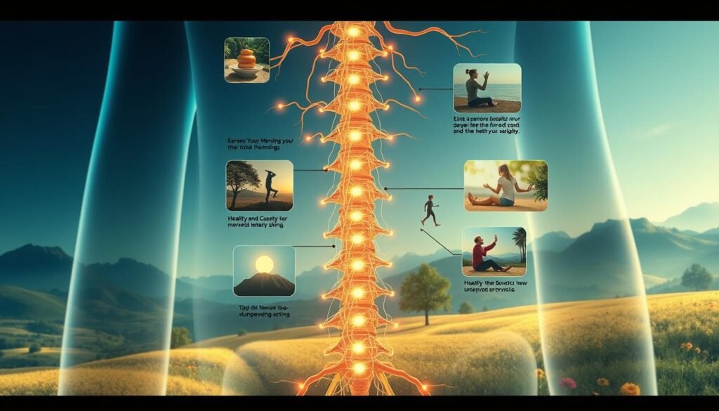 An intricate illustration of the human nervous system, depicting various tips for maintaining its health and function. In the foreground, a detailed cross-section of the spinal cord and neural pathways, illuminated by warm, natural lighting. In the middle ground, vignettes of everyday activities that promote nervous system wellbeing, such as exercise, mindfulness, and healthy eating. The background features a serene, organic landscape, conveying a sense of balance and harmony. The overall composition is designed to educate and inspire, guiding the viewer towards a deeper understanding of the incredible complexity and importance of the nervous system.