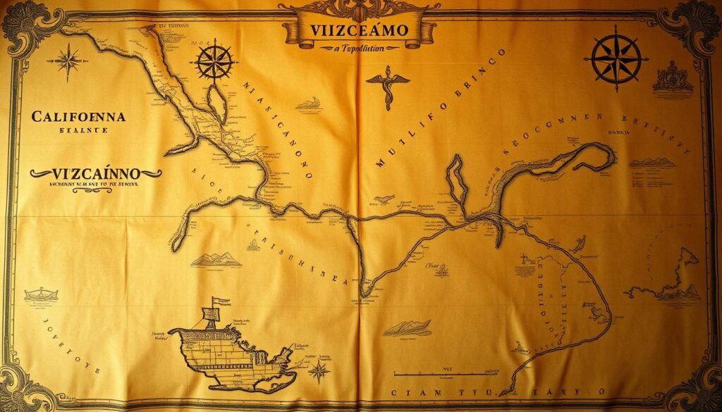 An ornate antique map of the California expedition led by Sebastian Vizca&iacute;no in the early 17th century. The map fills the frame, rendered with a vintage, sepia-toned aesthetic. Vizca&iacute;no's routes and discoveries are meticulously detailed, tracing the coastline and notable landmarks. Mountain ranges, rivers, and other geographic features add depth and texture to the composition. Decorative flourishes, such as compass roses and ornamental borders, lend an air of historical significance. The lighting casts a warm, ambient glow, creating a sense of aged parchment. The overall mood is one of exploration and cartographic discovery, reflecting the pivotal nature of Vizca&iacute;no's pioneering expedition.