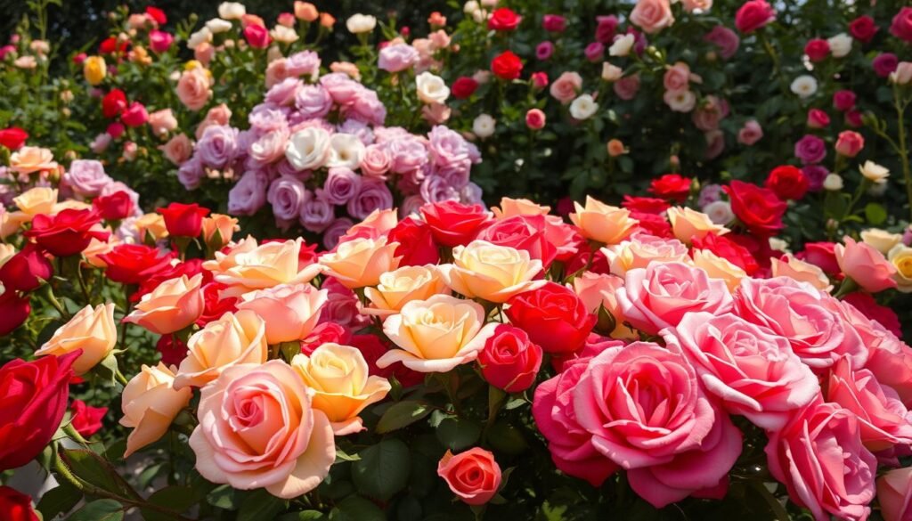 An ornate arrangement of various rose varieties in a lush, vibrant garden setting. In the foreground, a cluster of full-bloom hybrid tea roses in classic shades of red, pink, and yellow. In the middle ground, an array of floribunda roses in hues of lavender, apricot, and crimson, their petals softly lit by warm, natural sunlight. In the background, wild rose shrubs with delicate single-bloom flowers in white, blush, and deep pink, intertwined with verdant foliage. The overall scene captures the beauty and diversity of roses, inviting the viewer to explore the wonders of these beloved flowers.