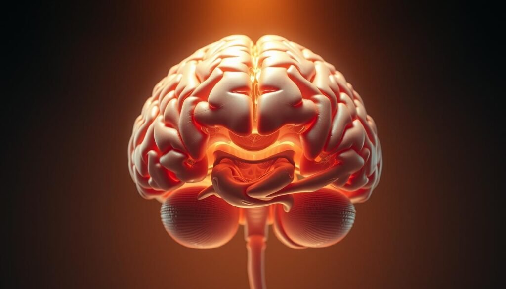 Anatomy of the human brain, showcasing its intricate structures and neural pathways. A detailed cross-section revealing the cerebrum, cerebellum, and brain stem, captured with a high-resolution medical imaging lens. Soft, warm lighting from above highlights the subtle textures and contours, creating a serene, educational atmosphere. The image should convey a sense of wonder and curiosity, inviting the viewer to explore the complexity of the brain, the control center of the body's nervous system.