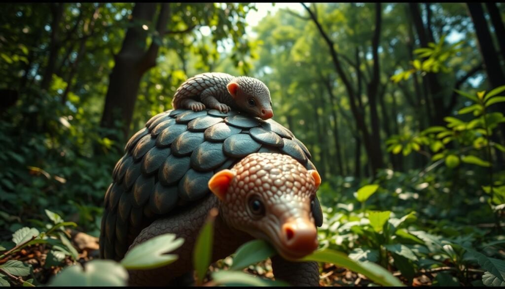 Baby Pangolin Riding on Mother's Back