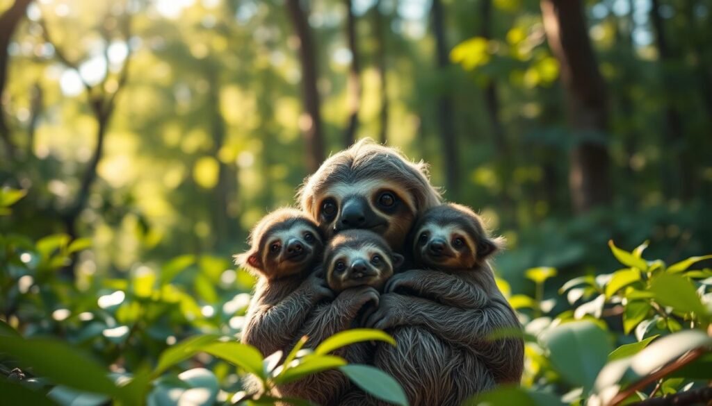 Baby sloths learning from mother