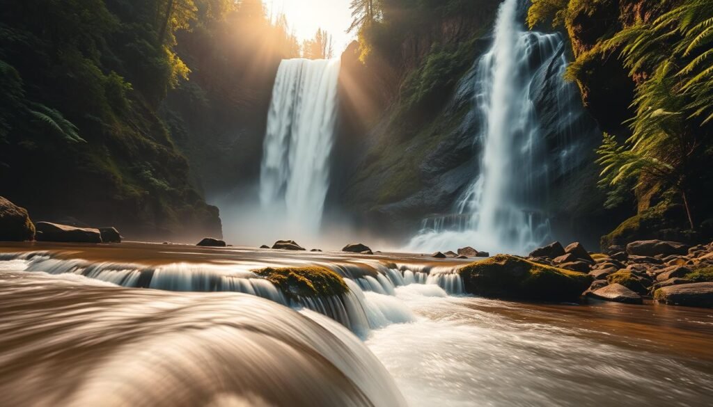 Cascade and Cataract Waterfalls Comparison: A dramatic dual waterfall scene capturing the natural contrast between a gentle cascading flow and a powerful plunging cataract. In the foreground, smooth water glides over mossy rocks, creating a serene cascade. Beyond, a thunderous cataract plummets through a rugged gorge, its mist-shrouded torrent crashing into a churning pool below. Lush greenery frames the scene, with towering trees and ferns lining the banks. Warm, golden sunlight filters through the mist, illuminating the water's shifting textures. The composition emphasizes the dynamic interplay of tranquility and raw power inherent in these two distinct waterfall types. Captured with a wide-angle lens to showcase the grand, immersive scale of this natural wonder.