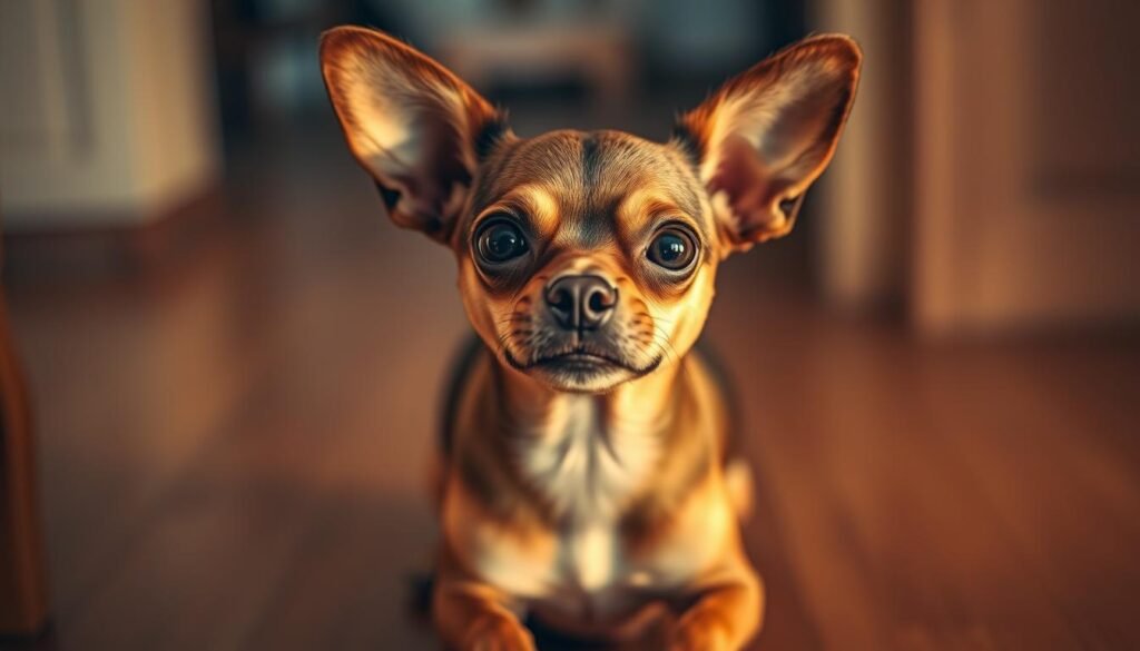 Chihuahua sitting on a wooden floor, looking directly at the camera with big, round eyes. Warm, golden lighting illuminates the dog's tiny, pointy ears and short, glossy fur. The background is blurred, with soft focus on the Chihuahua's expressive face, conveying the breed's lively and alert personality. A sense of intimacy and closeness captures the Chihuahua's endearing nature and longevity, hinting at the breed's typical lifespan of 12-20 years with proper care and attention.