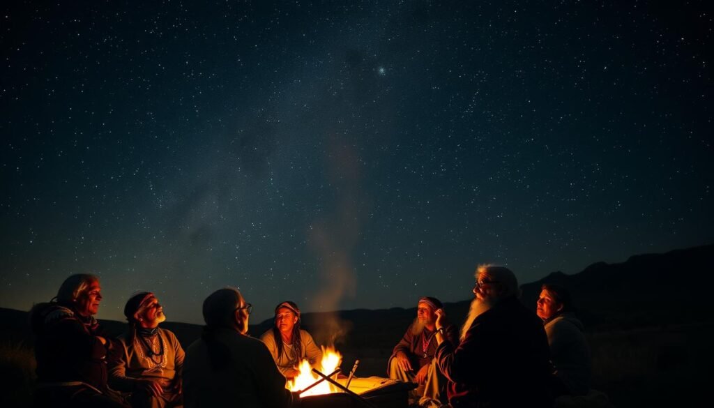 Chumash astronomers gaze upward, studying the stars and constellations with reverence. A detailed night sky, vast and expansive, stretches across the background, dotted with twinkling celestial bodies. In the foreground, a group of indigenous elders sit around a fire, engaged in deep discussion, their faces illuminated by the soft, flickering light. The scene conveys a sense of wonder, tradition, and deep connection to the natural world. The image is captured with a wide-angle lens, emphasizing the grandeur of the cosmos and the intimate gathering below. The overall mood is one of contemplation, respect, and a profound understanding of the cyclical patterns of the universe.