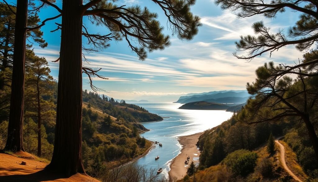 Chumash land California coast landscape with rolling hills, lush oak woodlands, and sandy beaches. In the foreground, towering redwood trees frame the tranquil ocean, their branches casting soft shadows on the ground. The middle ground features a winding river leading to the shore, where Chumash canoes are drifting on the glistening waves. In the distance, majestic mountains rise against a vibrant blue sky, dotted with wispy clouds. The scene is bathed in warm, golden sunlight, creating a serene and inviting atmosphere that captures the essence of the Chumash's remarkable coastal territory.