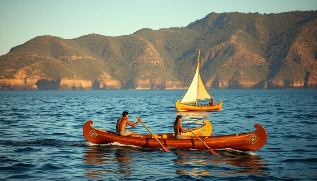 Chumash tomol canoes gliding gracefully across the tranquil Pacific waters, their wooden hulls reflecting the warm sunlight. In the foreground, skilled Chumash paddlers expertly navigate the waves, their rhythmic strokes propelling the vessels forward. The middle ground reveals the intricate designs and craftsmanship of the tomols, a testament to the Chumash's mastery of ocean travel. In the background, the rugged California coastline rises, covered in lush vegetation and punctuated by towering cliffs. The scene is bathed in a soft, golden glow, evoking a sense of timelessness and the enduring spirit of the Chumash people and their seafaring traditions.
