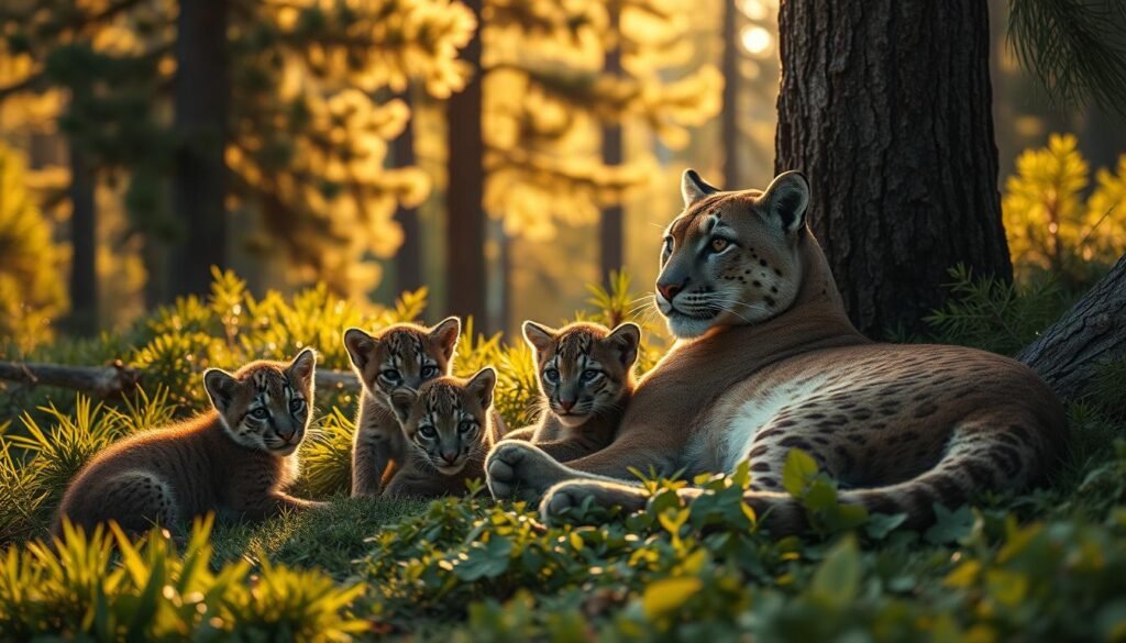 Cougar cubs with mother in wilderness