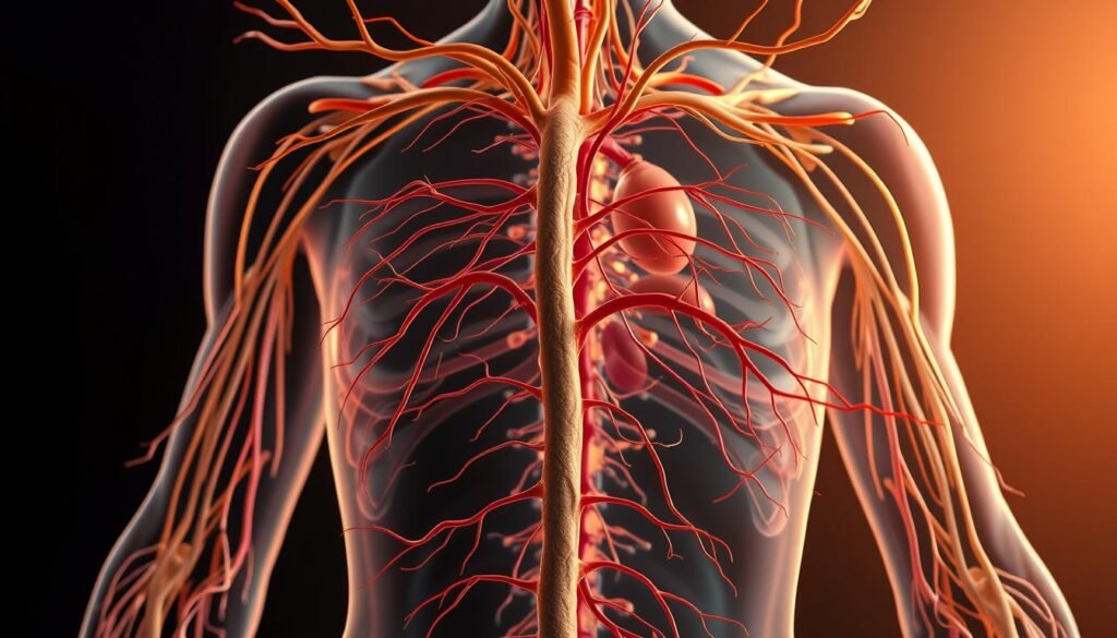 Detailed anatomical illustration of the autonomic nervous system functions, with a focus on the sympathetic and parasympathetic pathways. Crisp, high-resolution rendering with precise depiction of nerves, organs, and physiological processes. Warm, natural lighting illuminates the intricate networks of the nervous system, showcasing its vital role in regulating involuntary bodily functions. Smooth, photorealistic textures and subtle gradients create a sense of depth and realism. Carefully composed to highlight the key components of the autonomic nervous system and its importance in maintaining homeostasis within the human body.