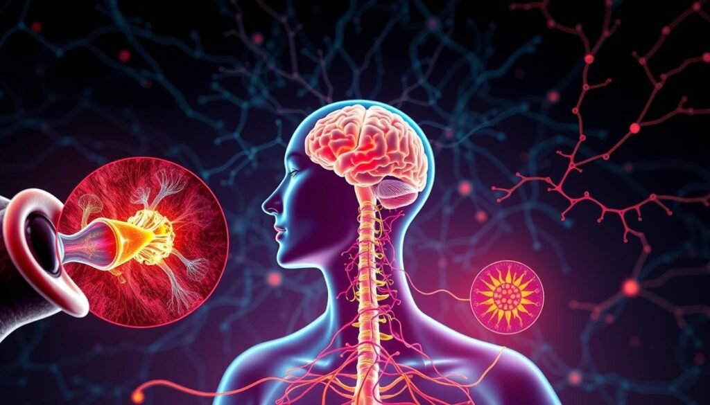 Detailed illustration of the five human senses - sight, sound, touch, taste, and smell - and their connection to the sensory nervous system. Vibrant colors and textures depict the various sensory receptors and neural pathways transmitting information to the brain. Foreground showcases magnified sensory organs like the eye, ear, tongue, and skin. Midground features neural networks branching out from the spinal cord. Background reveals the central nervous system with the brain at the center, processing and interpreting the sensory inputs. Crisp, photorealistic style with dramatic lighting to convey the complexity and importance of the sensory nervous system. Composition highlights the intricate interplay of the five senses and the body's rapid communication network.