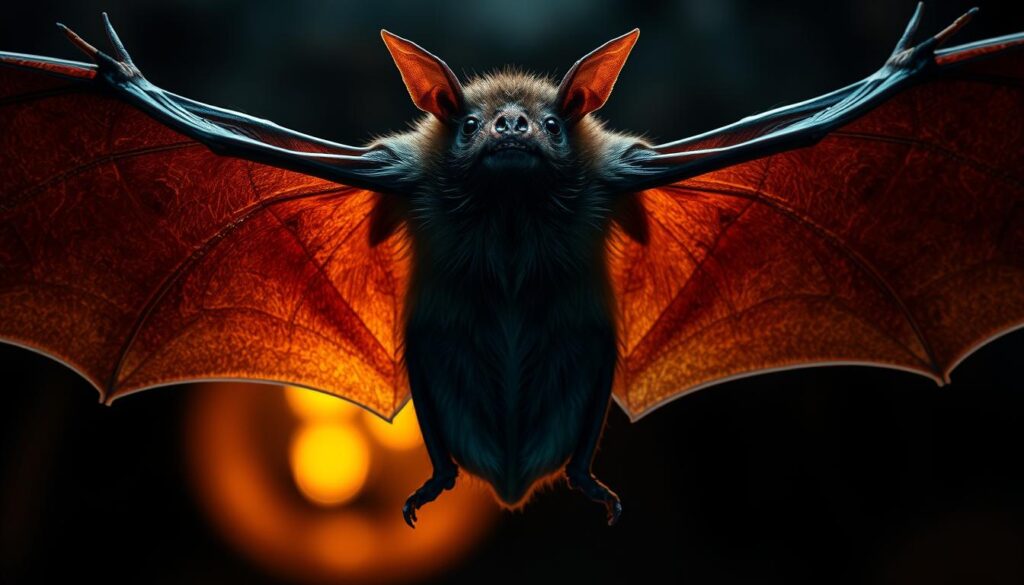 Dramatic close-up of the extended wing structure of a vampire bat, showcasing the intricate bone and membrane anatomy. The wing is spread wide, backlit by a moody, warm amber light that emphasizes the delicate webbing and translucent skin. Detailed textures and contours capture the biological nuances, with a focus on the long, slender finger bones and flexible joints that allow for the bat's impressive aerial agility. The overall composition highlights the unique evolutionary adaptations that enable these nocturnal flyers to thrive in their specialized habitat. Dramatic close-up of the extended wing structure of a vampire bat, showcasing the intricate bone and membrane anatomy. The wing is spread wide, backlit by a moody, warm amber light that emphasizes the delicate webbing and translucent skin. Detailed textures and contours capture the biological nuances, with a focus on the long, slender finger bones and flexible joints that allow for the bat's impressive aerial agility. The overall composition highlights the unique evolutionary adaptations that enable these nocturnal flyers to thrive in their specialized habitat.