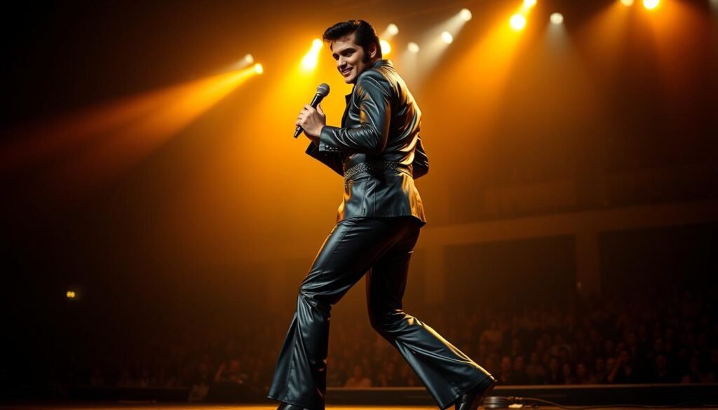 Elvis Presley performing iconic dance moves
