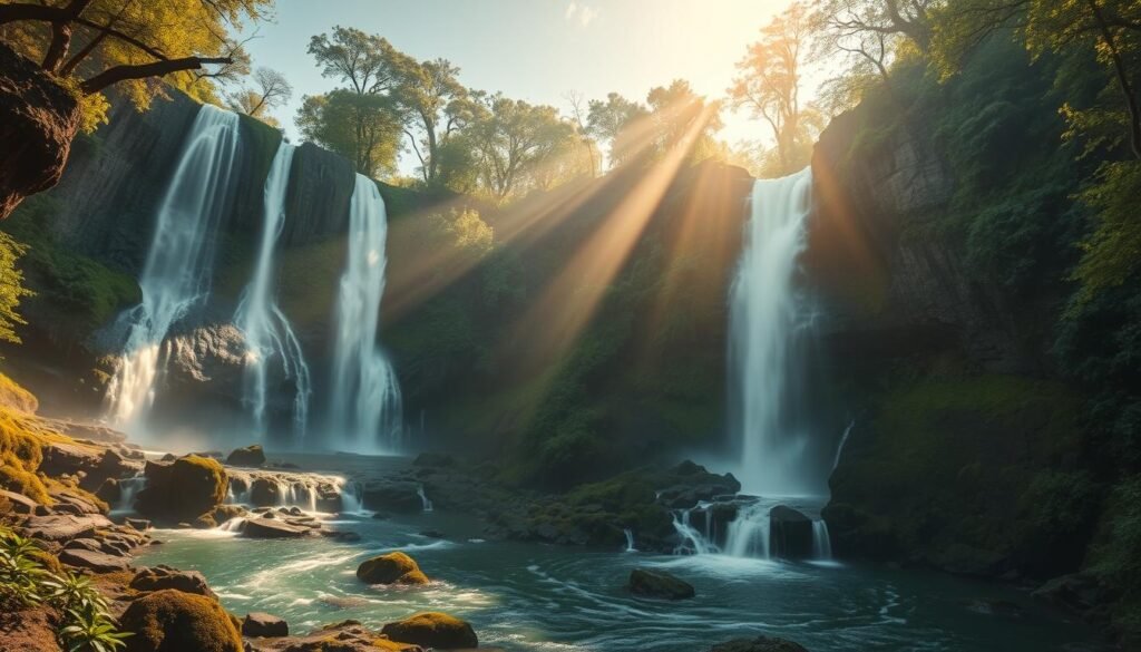 Lush, verdant landscape with two majestic waterfalls cascading down rocky cliffs. The Plunge Waterfall, a powerful, free-falling torrent plunging into a deep, swirling pool, surrounded by mossy boulders. The Punchbowl Waterfall, a tiered, horseshoe-shaped cascade flowing into a circular basin, framed by towering, moss-covered rock formations. Warm, golden sunlight filters through the canopy of ancient trees, casting a soft, ethereal glow on the scene. A tranquil, serene atmosphere pervades the idyllic setting, inviting the viewer to be immersed in the natural wonder of this breathtaking waterfall landscape.