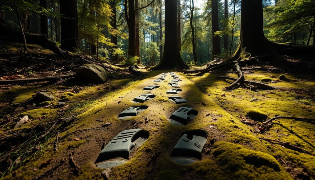 Lush, verdant wilderness, sun-dappled forest floor. Thick undergrowth, moss-covered rocks, and fallen branches. In the center, a set of large, distinct footprints, each impression clear and defined. The tracks meander through the scene, leading deeper into the primal, untamed landscape. Shadows cast by towering trees create an atmosphere of mystery and intrigue. The image conveys a sense of the unknown, a glimpse into the habitat of a legendary, elusive creature. Crisp, high-resolution photography captures every detail, inviting the viewer to ponder the evidence of Bigfoot's existence.