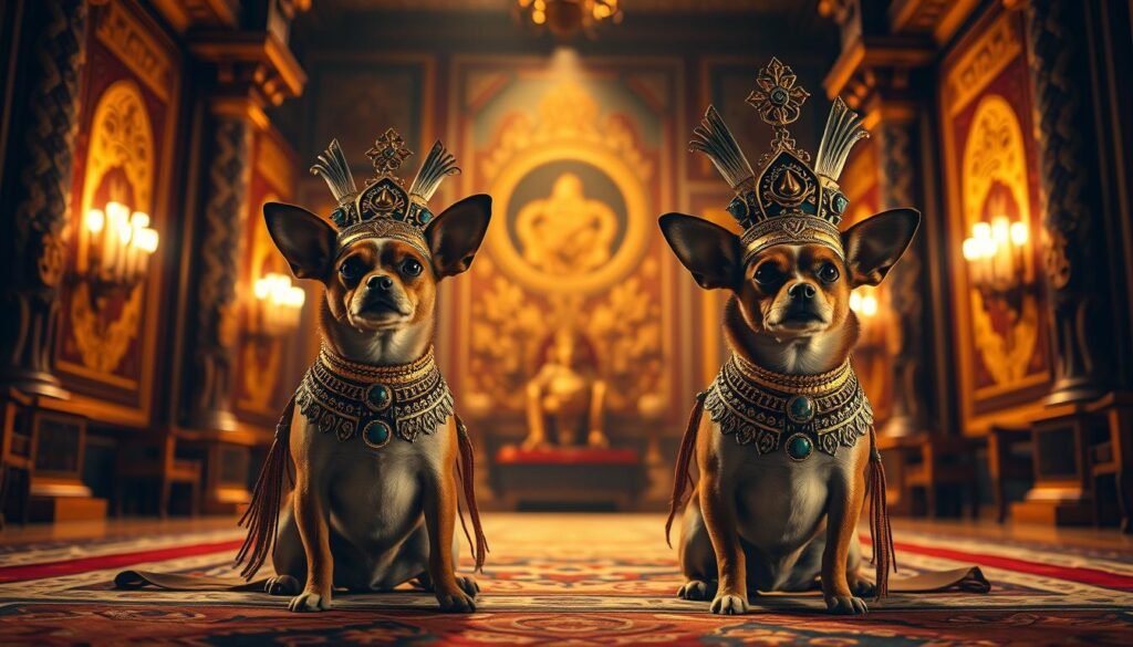 Majestic Aztec chihuahuas seated regally in an ornate, historical palace setting. The chihuahuas wear intricate ceremonial collars and headdresses, reflecting their sacred status. Warm, ambient lighting casts a golden glow, accentuating the dogs' regal bearing. In the background, ornate tapestries and architectural details evoke the splendor of the Aztec empire. Careful attention to historical accuracy and artistic composition, conveying the deep cultural significance of these revered companion animals.