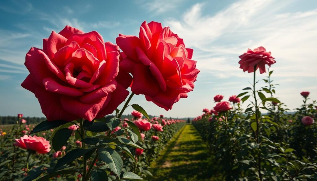 Massive, lush rose blooms in the foreground, their petals ablaze with vibrant reds and pinks. A gentle side-lighting casts dramatic shadows, highlighting the delicate textures and the towering size of these record-breaking roses. In the middle ground, a well-tended garden path winds through a verdant landscape, framed by tall, stately rose bushes. Soft, wispy clouds drift across a bright, azure sky in the distant background, completing the serene, natural atmosphere. An awe-inspiring display of nature's grandeur and the incredible potential of the humble rose.