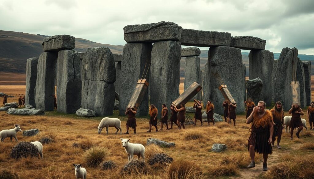 Neolithic stonehenge builders working together