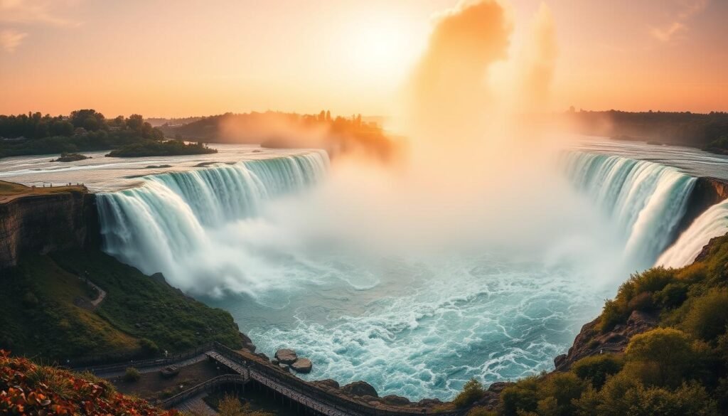 Niagara Falls Panoramic View: A Majestic Spectacle of Nature's Might A vast, sweeping panorama of the thundering Niagara Falls, capturing the sheer scale and power of this natural wonder. In the foreground, the cascading waters plunge over the rocky cliffs, their white foamy spray reaching high into the air. The middle ground reveals the lush, verdant banks on both the Canadian and American sides, framing the falls with a verdant backdrop. In the distant background, the mist-shrouded horizon is illuminated by the golden glow of the sun, casting a warm, ethereal light over the entire scene. The image is shot with a wide-angle lens, emphasizing the grandeur and immensity of this awe-inspiring landscape. The mood is one of breathtaking majesty, capturing the raw, untamed essence of Niagara Falls, North America's most famous waterfall.