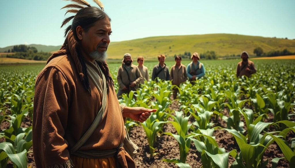 Squanto teaching settlers corn cultivation