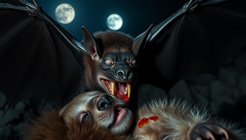 Vampire bat feeding on a sleeping mammal, close-up view. Dim moonlight illuminates the scene, casting dramatic shadows. The bat's long, sharp fangs pierce the animal's skin, drawing blood. Powerful wings spread, maintaining balance as the bat laps up the vital fluid. Leathery skin, beady eyes, and a pointed snout convey the creature's fierce, predatory nature. The mammal's pained expression suggests a struggle, but it remains motionless, succumbing to the bat's hypnotic saliva. A rugged, rocky landscape fades into the background, emphasizing the bat's nocturnal dominance. Overall, a captivating, high-contrast image that showcases the vampire bat's secretive and unsettling feeding behavior. Vampire bat feeding on a sleeping mammal, close-up view. Dim moonlight illuminates the scene, casting dramatic shadows. The bat's long, sharp fangs pierce the animal's skin, drawing blood. Powerful wings spread, maintaining balance as the bat laps up the vital fluid. Leathery skin, beady eyes, and a pointed snout convey the creature's fierce, predatory nature. The mammal's pained expression suggests a struggle, but it remains motionless, succumbing to the bat's hypnotic saliva. A rugged, rocky landscape fades into the background, emphasizing the bat's nocturnal dominance. Overall, a captivating, high-contrast image that showcases the vampire bat's secretive and unsettling feeding behavior.
