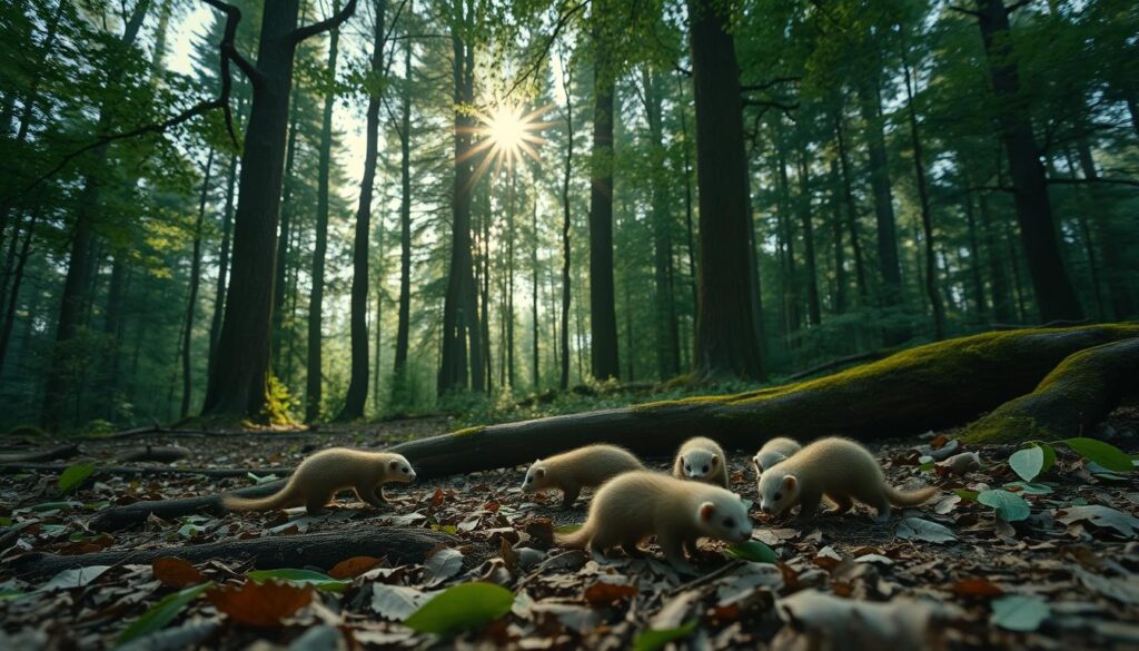 a wide, lush forest with towering trees and a dense undergrowth, capturing the natural habitat of wild ferrets. In the foreground, a family of ferrets explores the forest floor, their lithe bodies darting between the fallen leaves and moss-covered logs. Their fur ranges from light brown to rich chestnut, their faces alert and curious. In the middle ground, sunlight filters through the canopy, casting a warm, golden glow over the scene. Further back, the trees thicken, creating a sense of depth and mystery. The overall mood is one of tranquility and discovery, inviting the viewer to step into the secret world of these fascinating, acrobatic creatures.